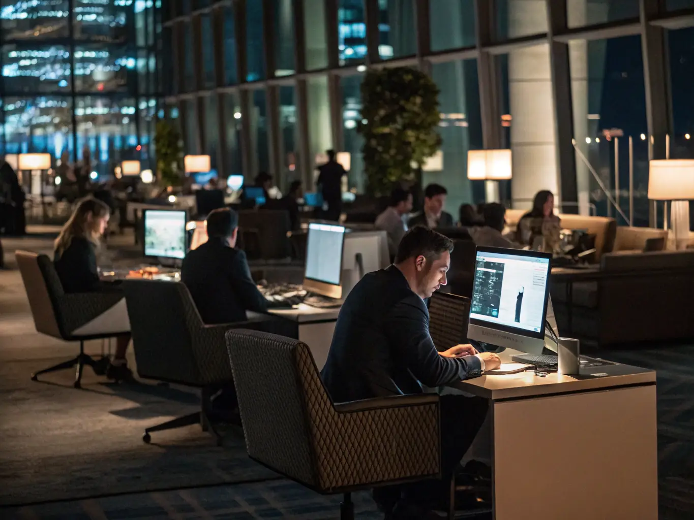 A dynamic office environment with employees easily managing calls and communications, illustrating the flexibility of SIP trunking.