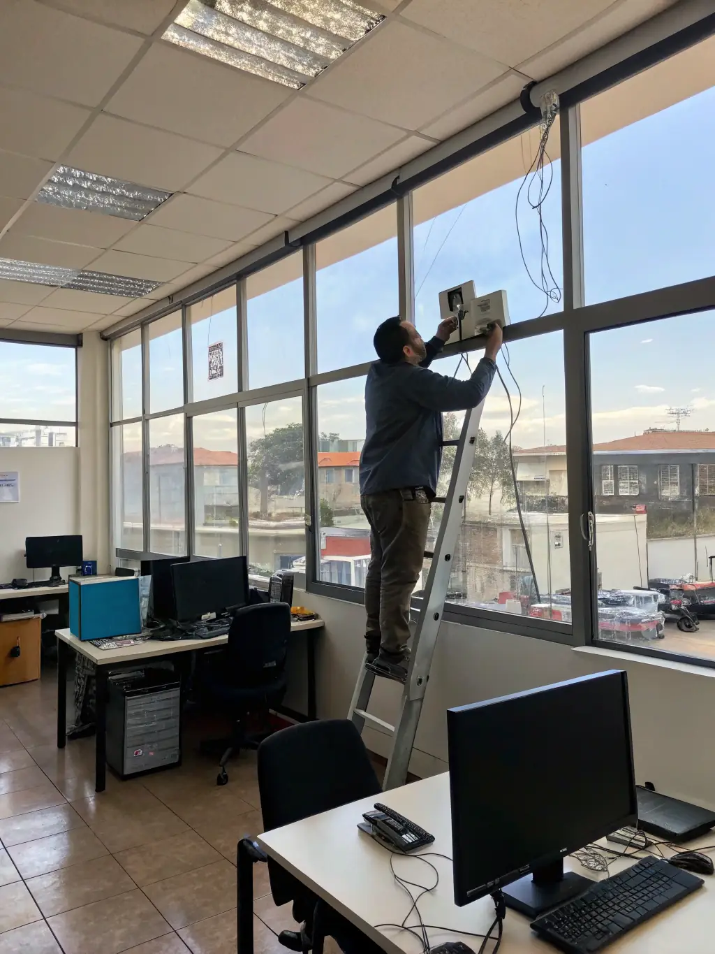 A technician installing a new Wi-Fi access point in a modern office, demonstrating the ease of expanding network capabilities with structured cabling.