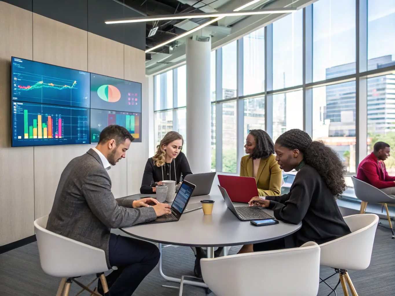 A modern office space with employees collaborating seamlessly, showcasing improved communication through DataTel 360's VoIP solutions.