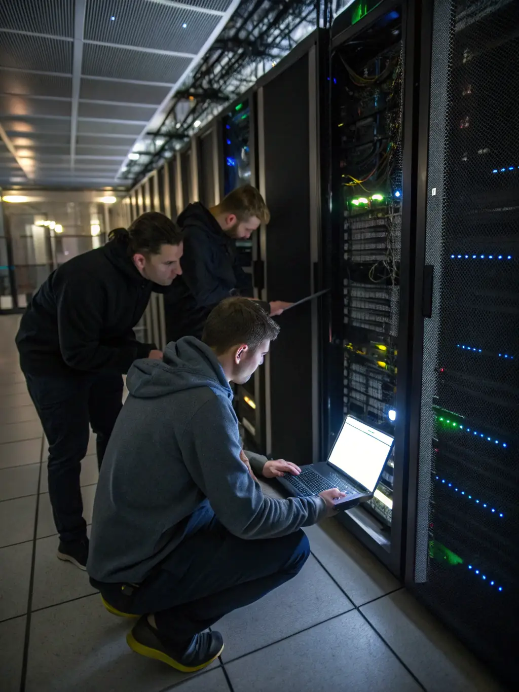 A team of DataTel 360 engineers reviewing blueprints and network diagrams, planning the optimal fiber optic cable route for a commercial building.