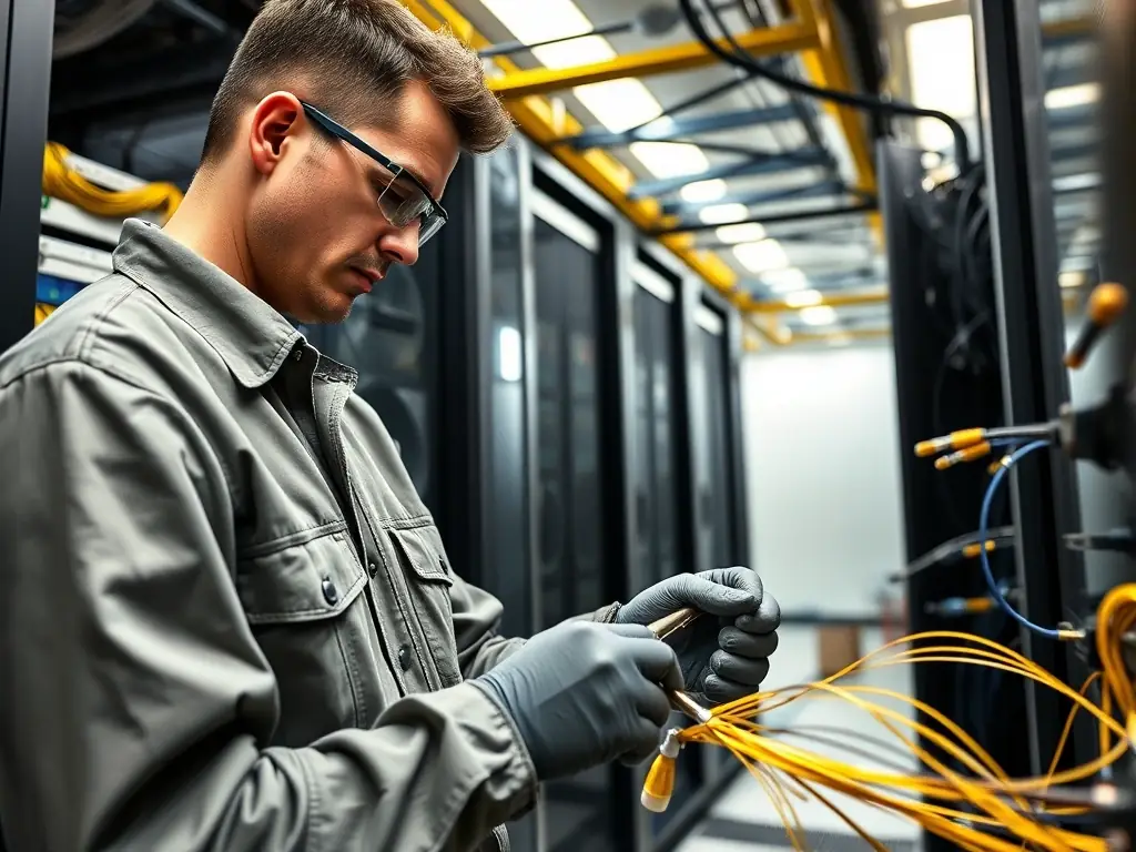 A technician carefully crimping a Cat6 cable connector in a server room, highlighting the attention to detail in DataTel 360's network cabling services.