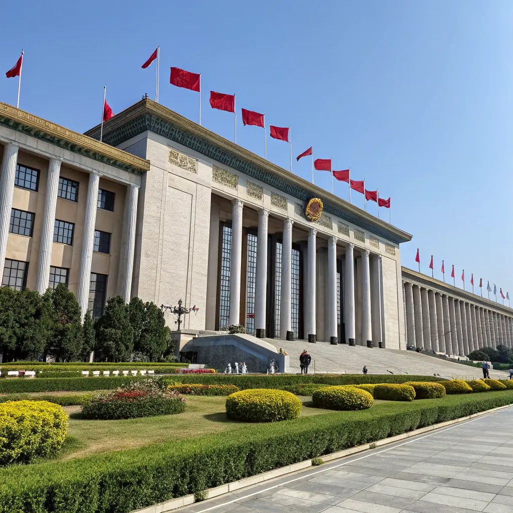 A government building with flags, representing the government industry.