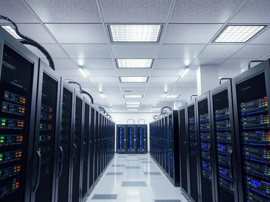 A clean and organized server room with color-coded cables neatly arranged in racks, showcasing the benefits of structured cabling for easy maintenance and troubleshooting.