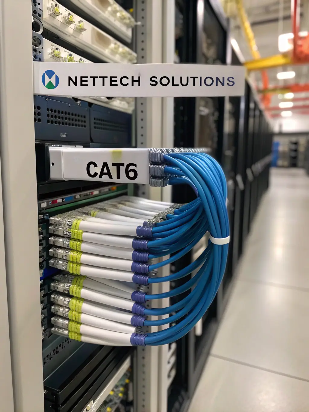 A close-up shot of a perfectly installed Cat6 cable run in a server room, highlighting the neatness and organization of the cabling. The cables are color-coded and properly labeled.