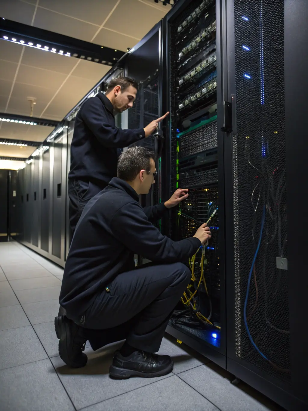 A high-resolution image of DataTel 360 technicians installing structured cabling in a server room, highlighting the organized and efficient cable management.