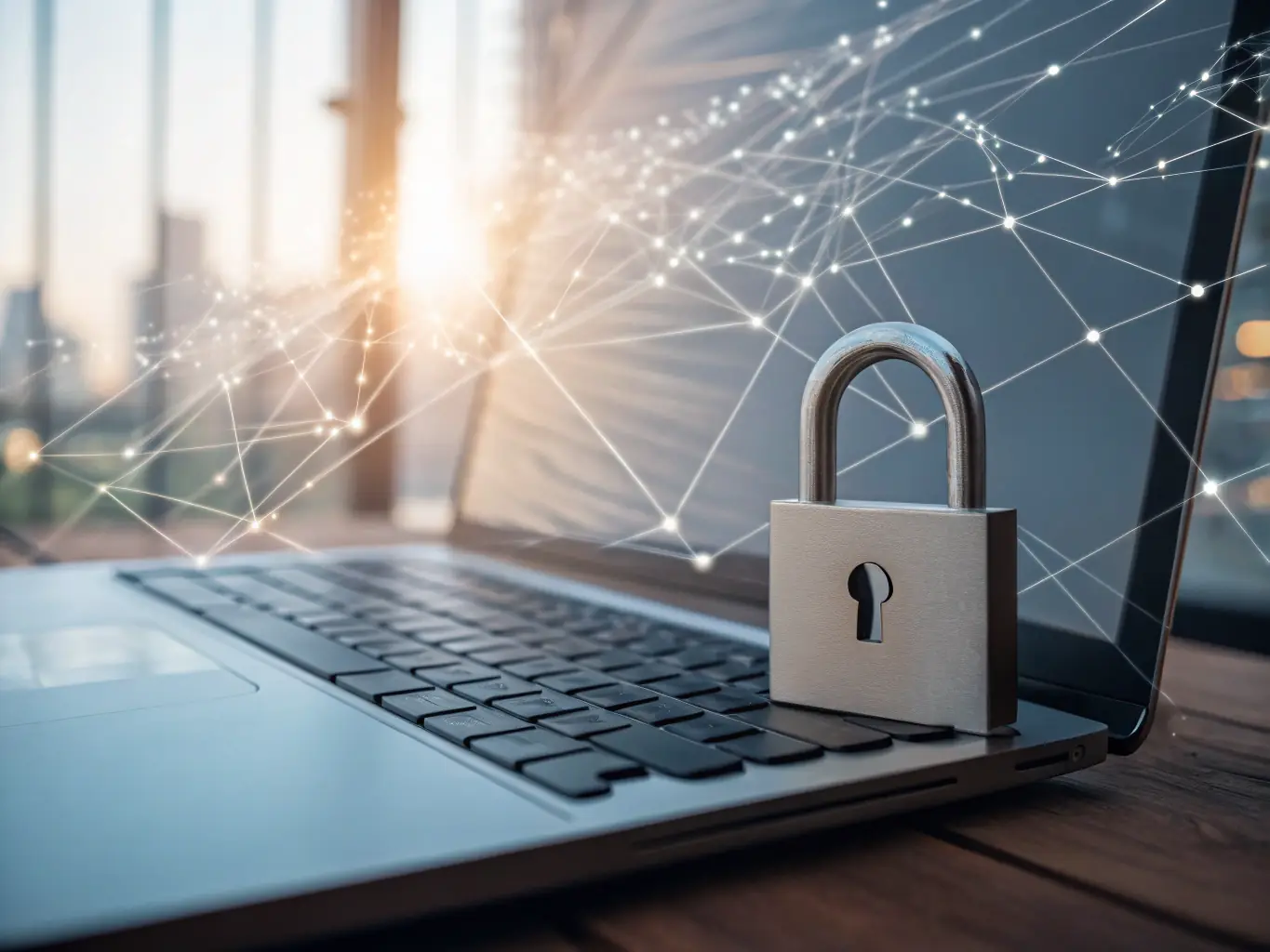 A padlock icon overlaid on a network diagram, illustrating advanced security measures and data protection protocols, emphasizing the safety and reliability of the network.