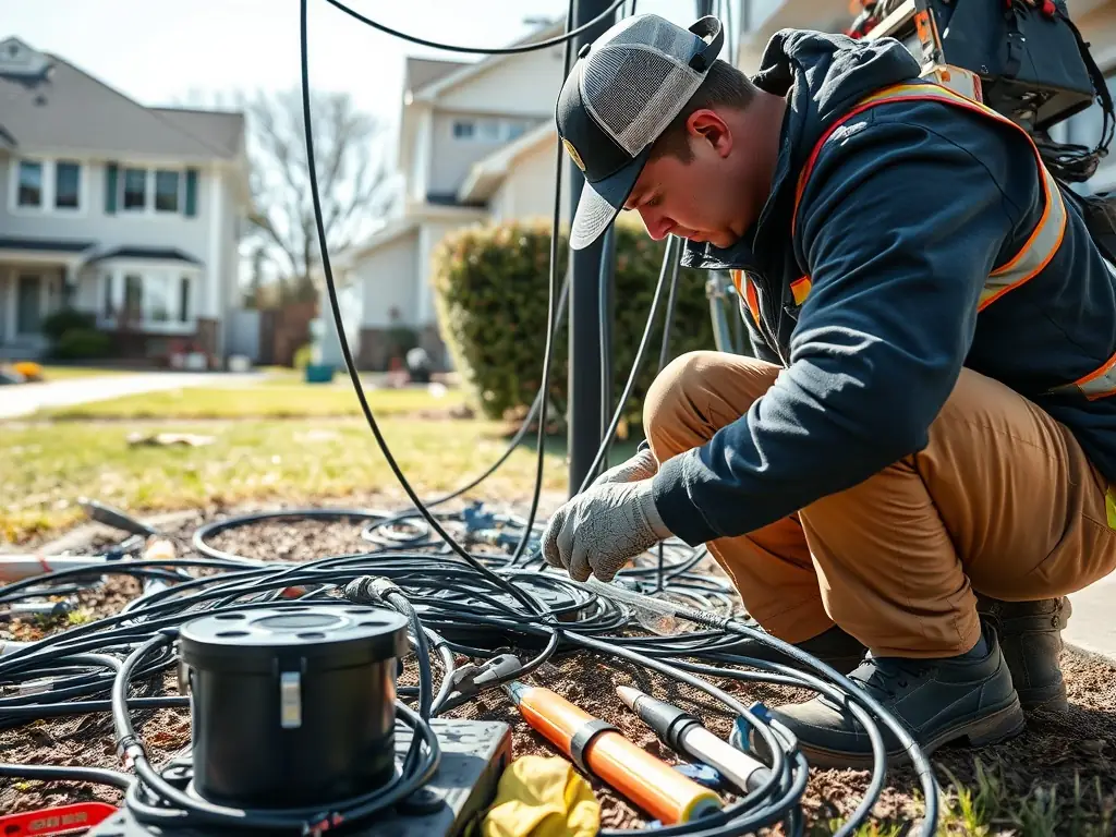 A close-up shot of a fiber optic cable being meticulously installed in a commercial building, showcasing the precision and care DataTel 360 provides during installations.