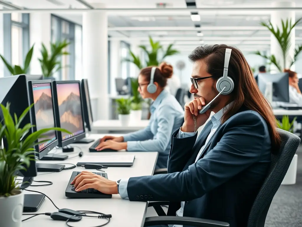 A modern office space with employees working at their desks, showcasing a newly installed VoIP phone system and structured cabling.