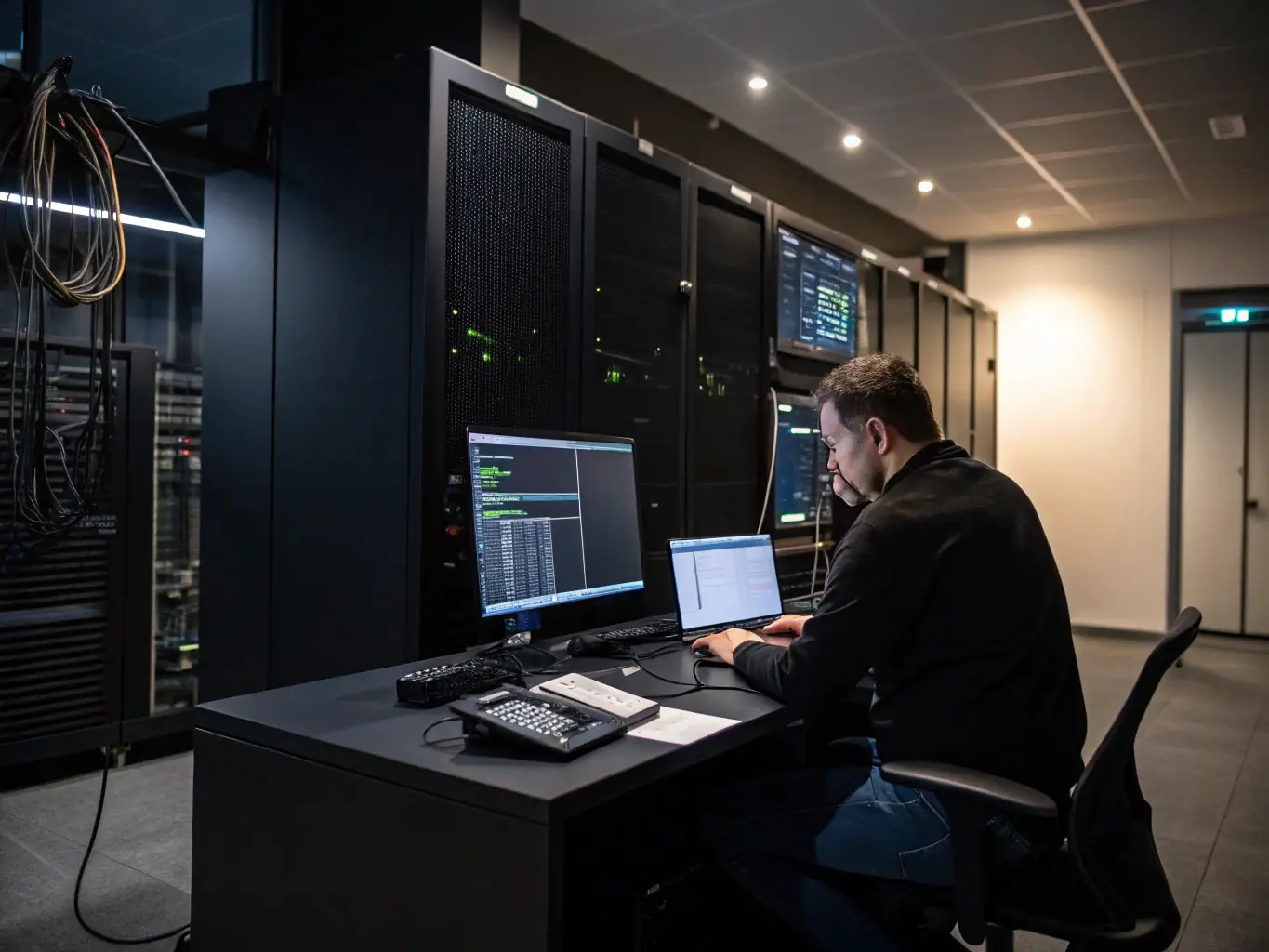 An image of a technician installing the Infinity 7005D phone system in an office environment, showcasing the ease and speed of installation.
