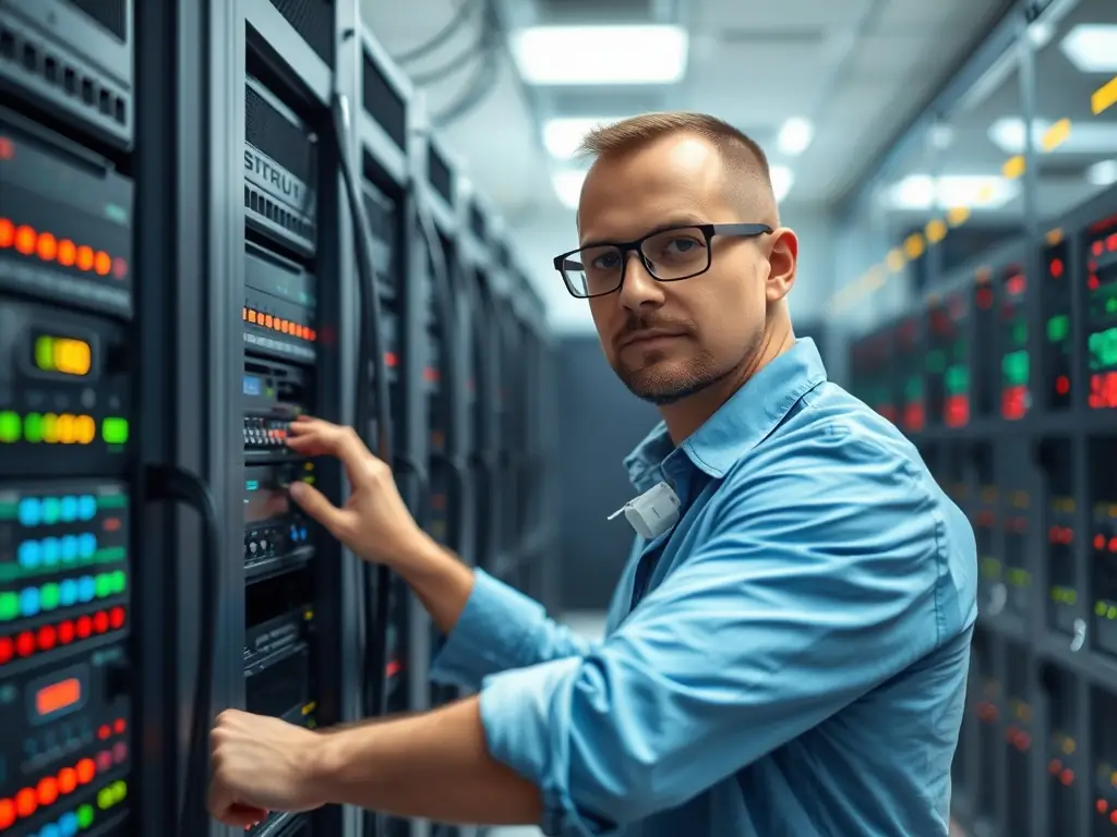 A network administrator using a cable management tool to monitor and manage the structured cabling system, highlighting the ease of management and troubleshooting.