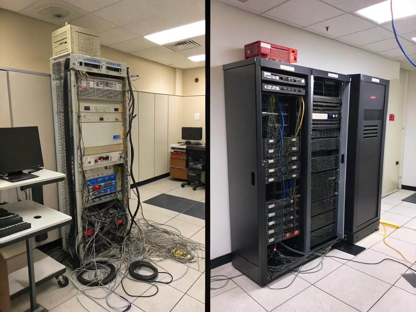 A before-and-after shot of a cabling project, showing a disorganized cable setup transformed into a clean, labeled, and easily manageable system by DataTel 360.
