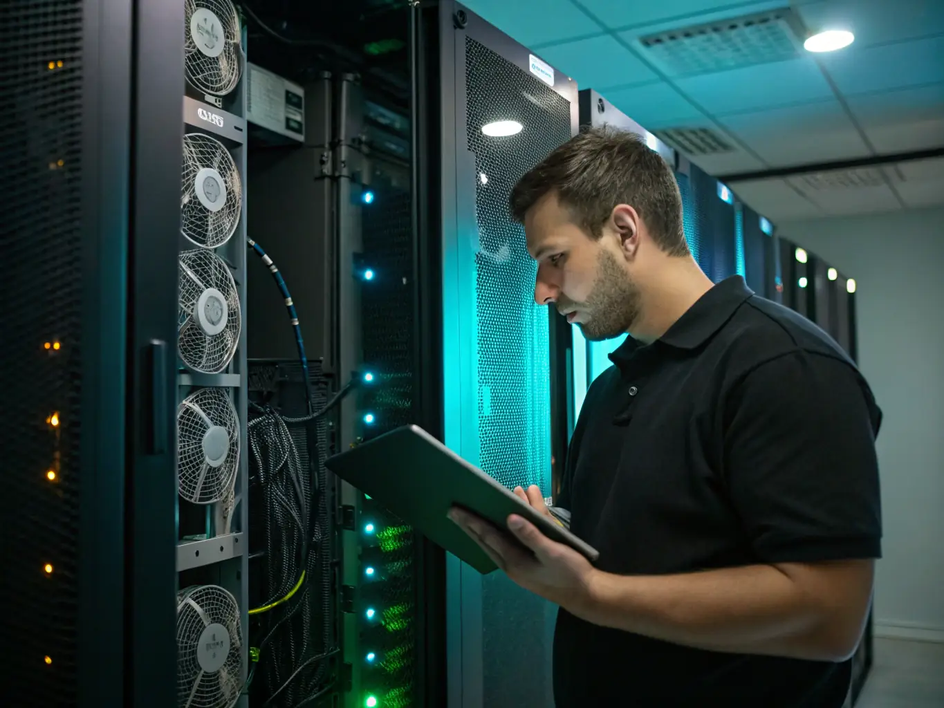 A professional IT technician conducting a site survey with a tablet, assessing the existing infrastructure in a modern office environment, ensuring comprehensive data collection for the deployment planning.