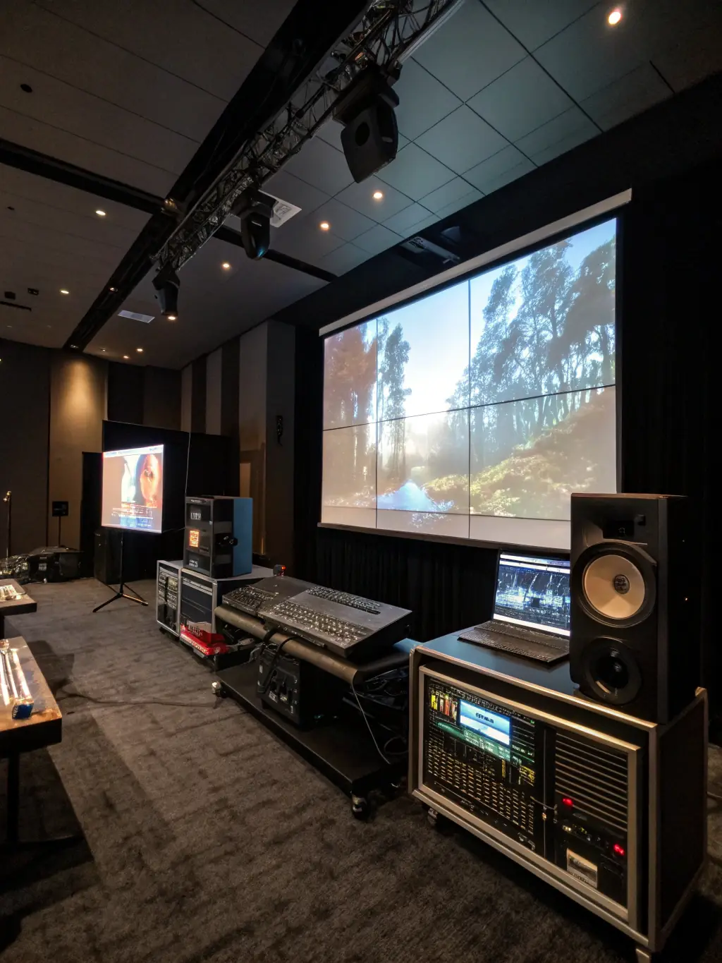 A conference room setup with a high-definition display, microphones, and speakers, all connected via low voltage cabling. The scene should depict a seamless and professional audio-visual experience.