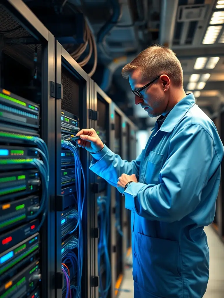 An image of a technician carefully splicing multimode fiber optic cables in a data center environment for DataTel 360.