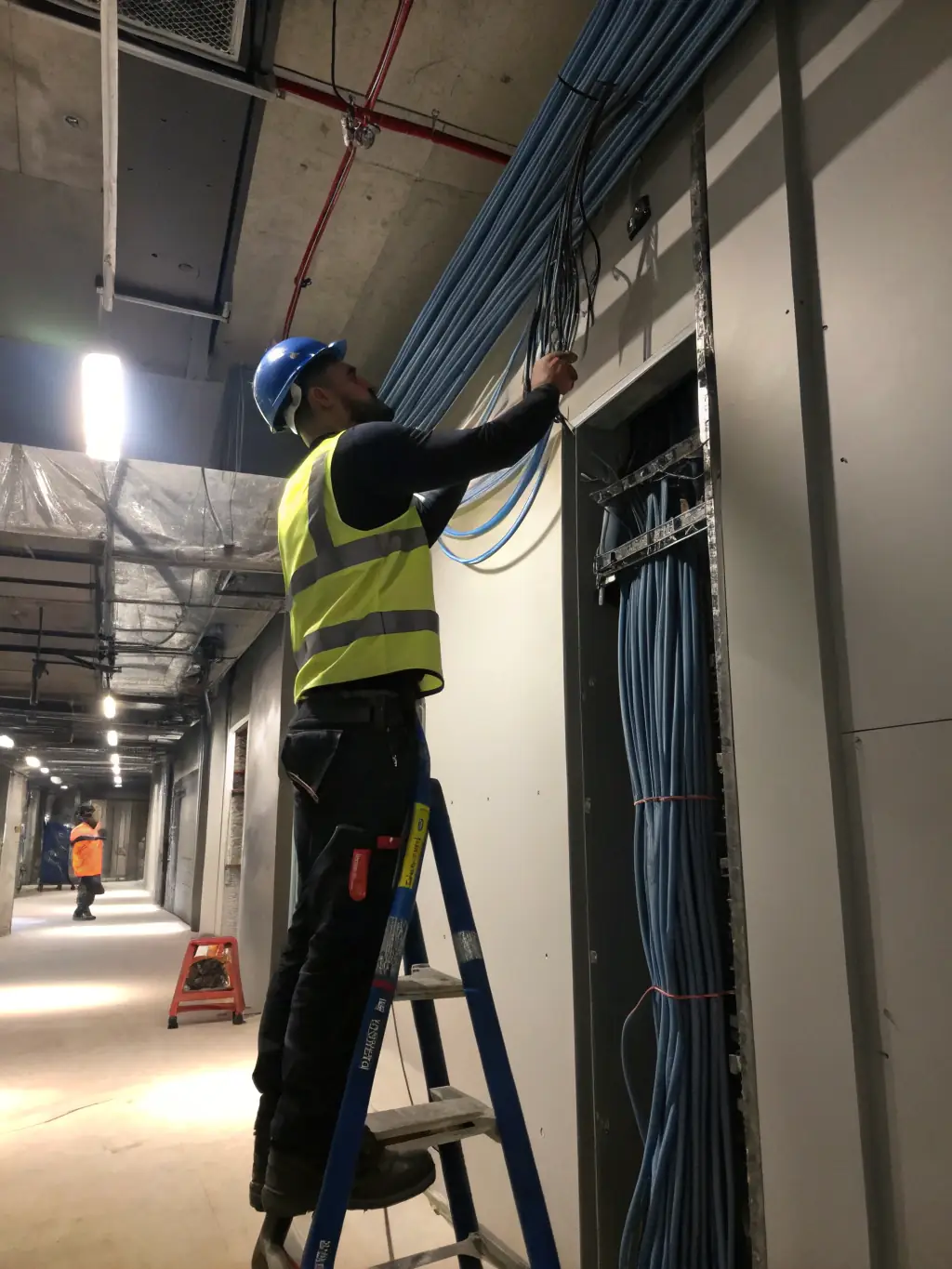 An image of DataTel 360 technicians installing Cat6 cables in a modern office environment, emphasizing their professional installation practices and attention to detail.