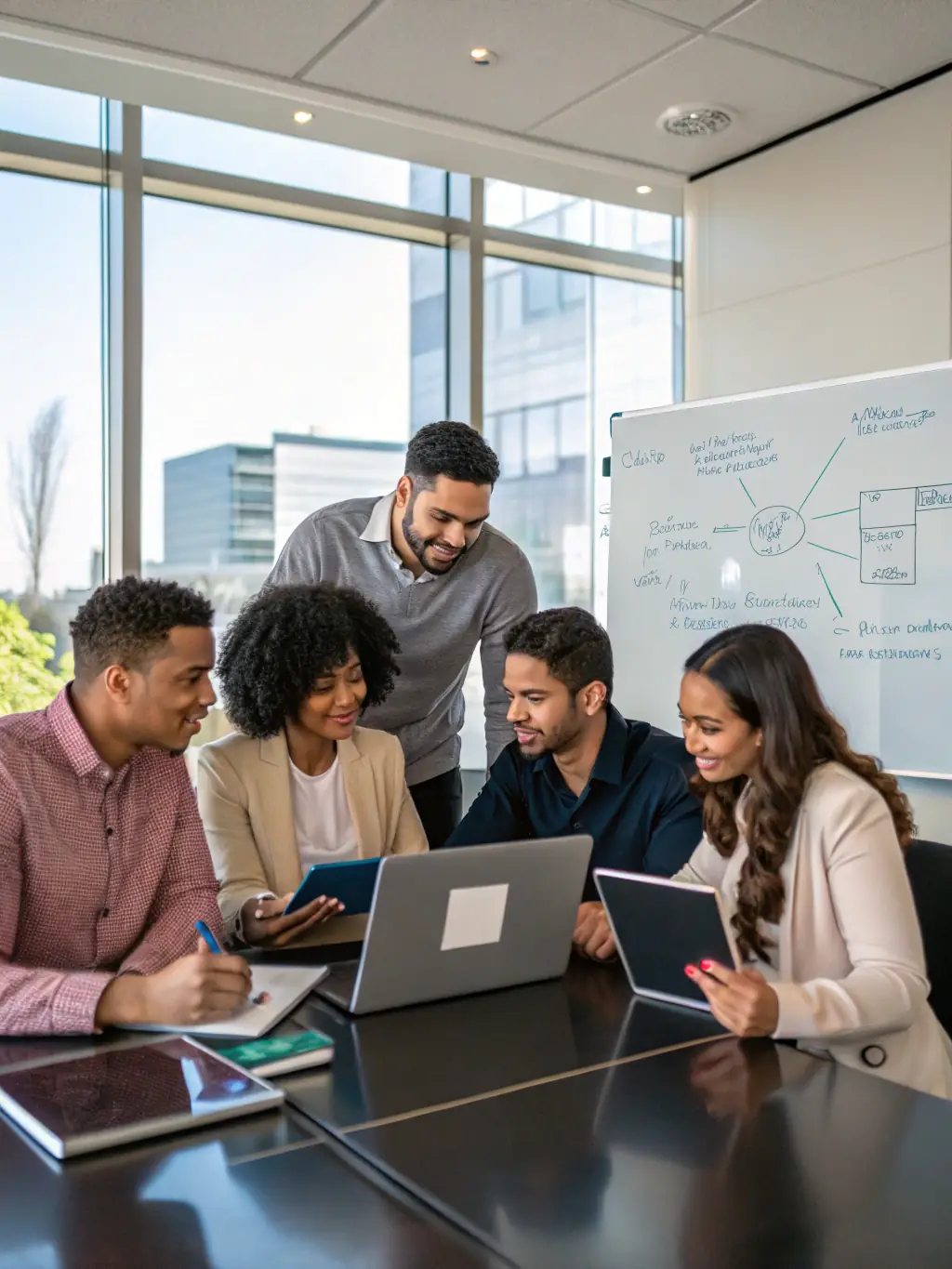 A team of experienced DataTel 360 IT professionals collaborating on a complex network infrastructure project, demonstrating the company's enterprise-ready solutions.