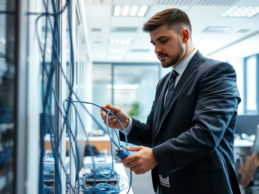 A technician is repairing a damaged network cable using specialized tools. The setting is a typical office environment.