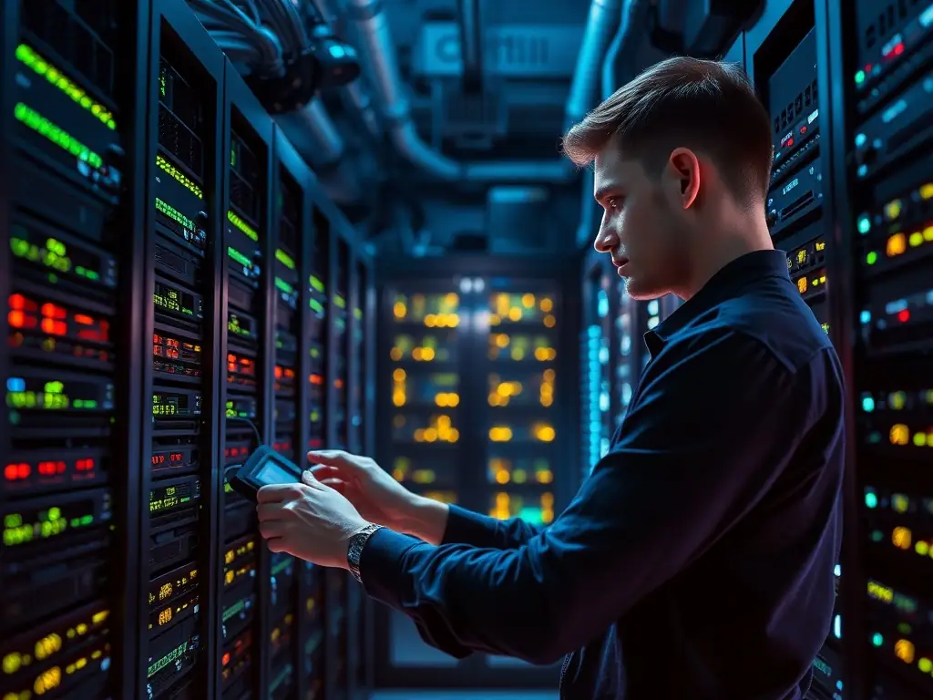 A technician is shown using a cable tester to diagnose a network issue in a server room. The image should convey precision and technical expertise.