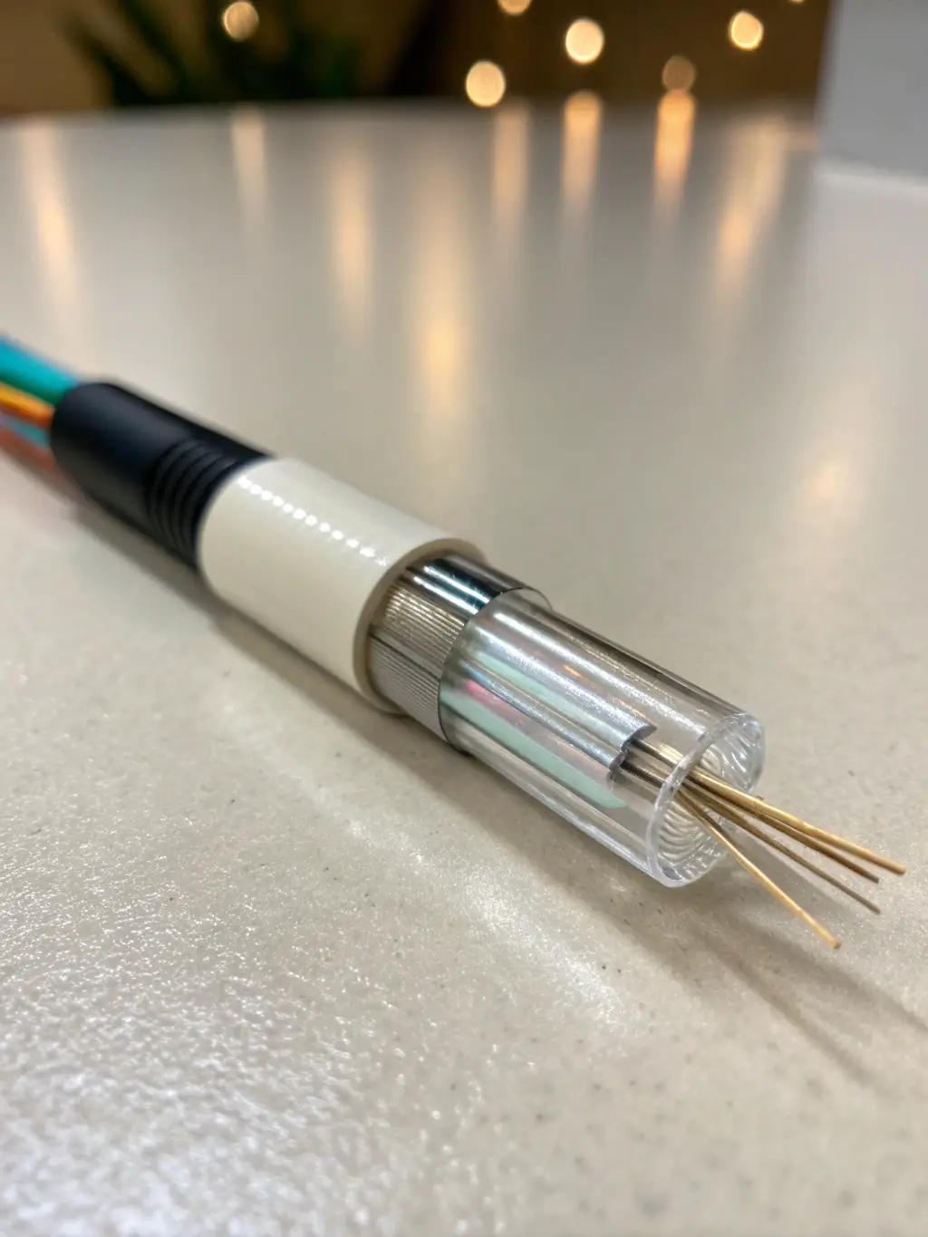 A close-up shot of a single mode fiber optic cable, highlighting its thin core and cladding, used in long-distance data transmission by DataTel 360.