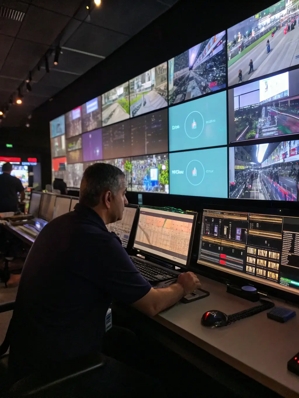 A security control room with multiple monitors displaying live camera feeds and access control systems, all powered and connected through low voltage cabling. The image should evoke a sense of security and vigilance.