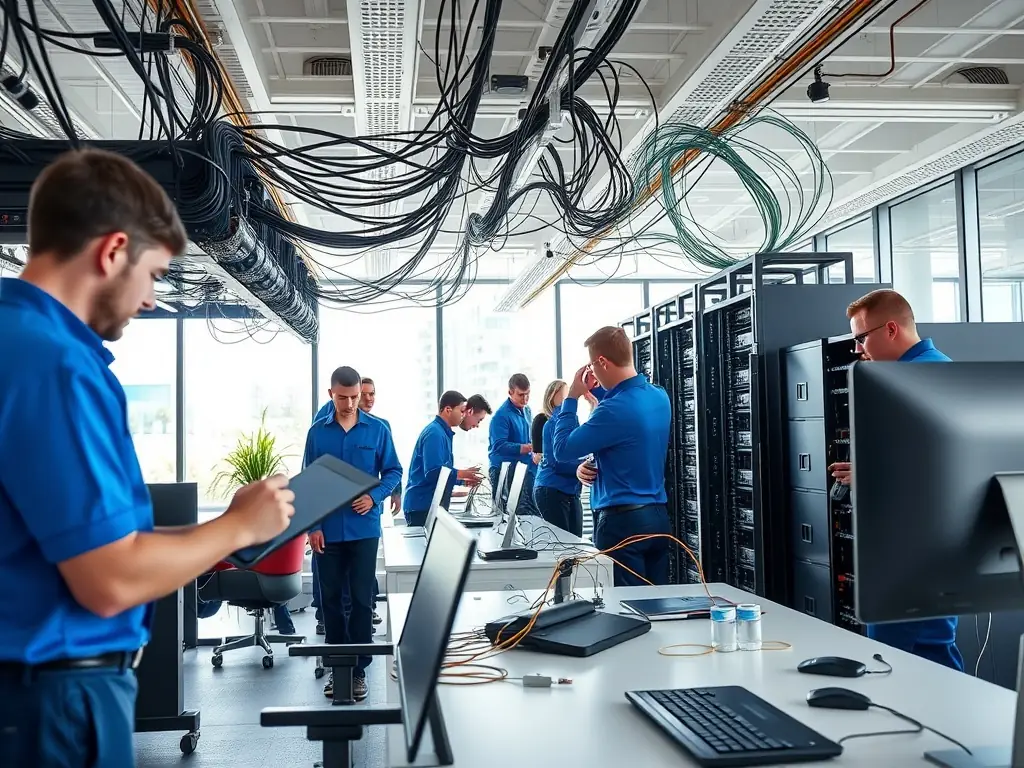 A team of DataTel 360 technicians deploying a complete business phone system in a new office, showcasing a turnkey solution.