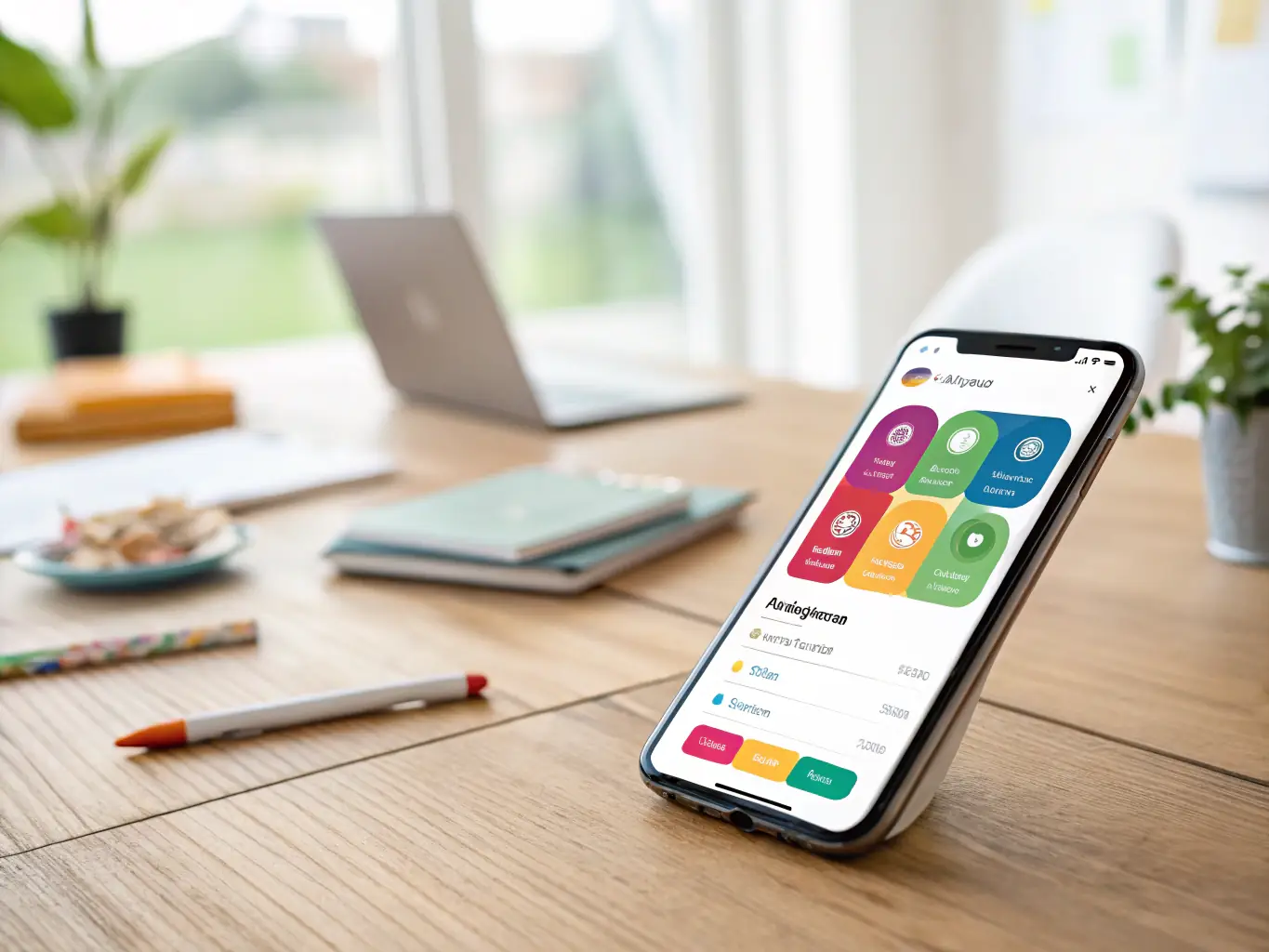 A smartphone displaying the DataTel 360 VoIP mobile app interface, showcasing features like call management, contact lists, and messaging, set against a blurred background of a busy Atlanta office to emphasize mobility and connectivity.