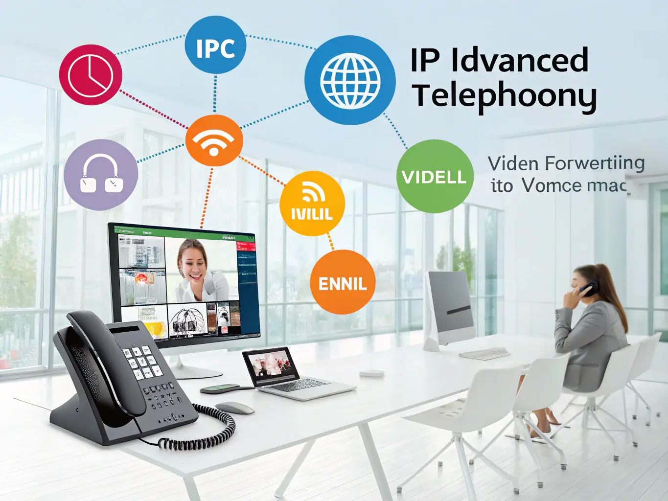 An image of a user interface of a VoIP phone system, highlighting features such as call forwarding, voicemail, and conference calling.