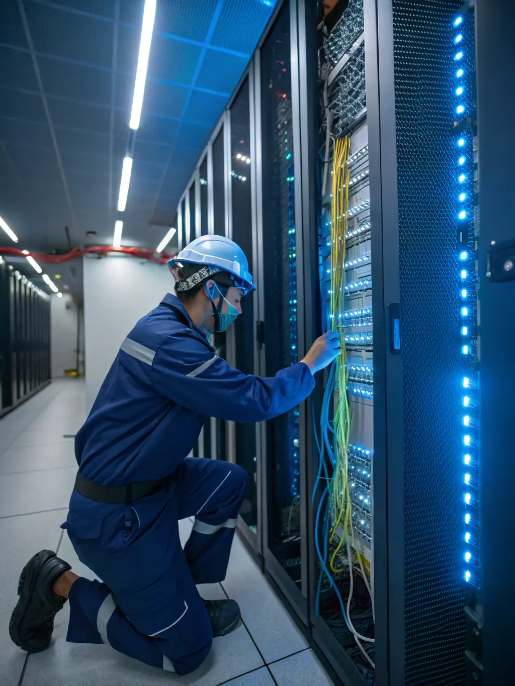 Technicians working on the structured cabling and fiber optic infrastructure for a business, highlighting DataTel 360's cabling and fiber services.