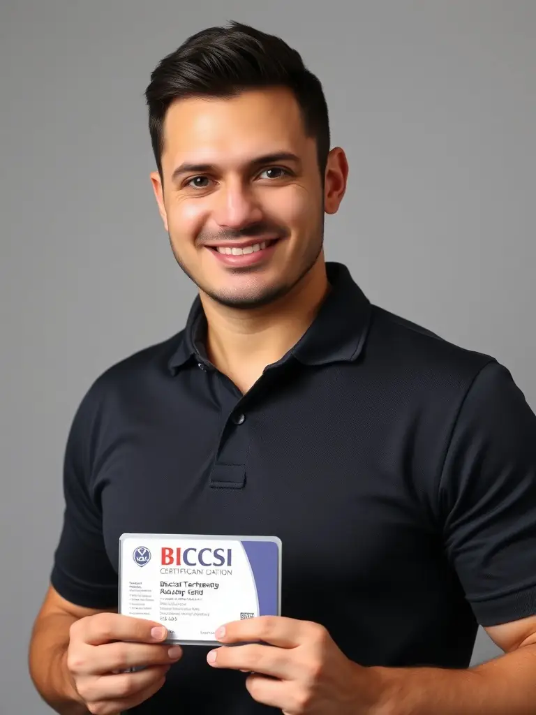 A photograph of a DataTel 360 technician holding a BICSI certification card, showcasing their expertise and commitment to industry best practices in network cabling.