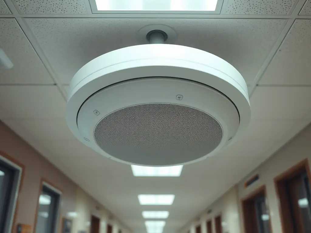 A non-functional paging system speaker in an office environment, symbolizing communication breakdowns in larger organizations.