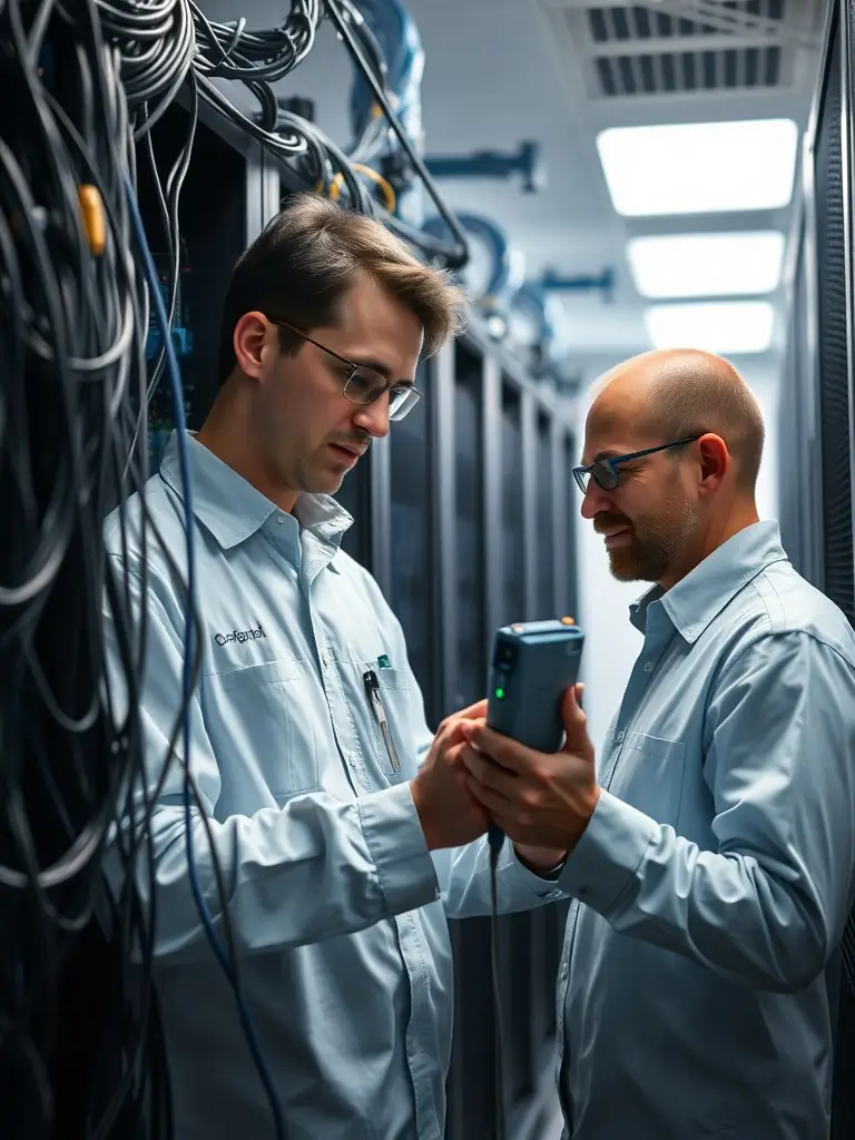 A technician troubleshooting a fiber optic cable issue with specialized equipment, efficiently diagnosing and repairing the problem to restore network connectivity.