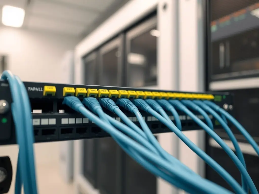 A close-up shot of neatly arranged and labeled Cat6 cables connected to a patch panel in a server rack, highlighting the organization and efficiency of DataTel 360's structured cabling solutions.