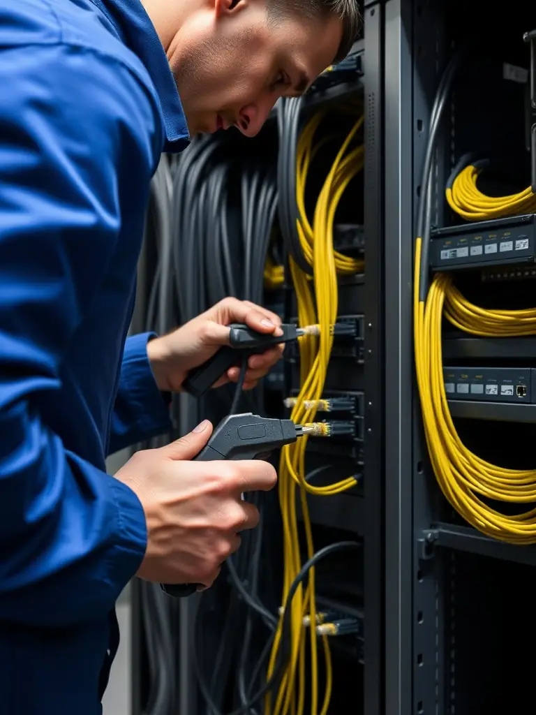 A close-up shot of a technician meticulously terminating a Cat6 cable into a patch panel in a server room, showcasing precision and attention to detail.