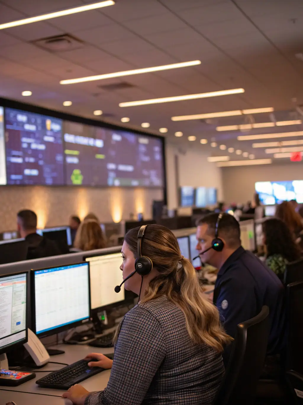 A professional call center environment with agents wearing headsets, focused on their screens, with a subtle overlay showing real-time transcription of a call in progress.