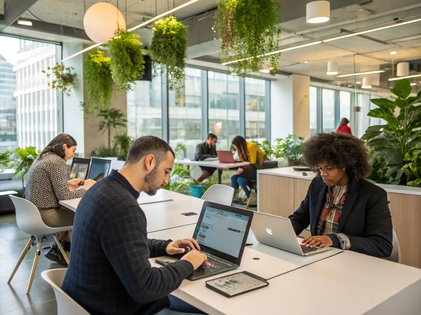 A multi-location office environment with employees working collaboratively, demonstrating the AI Receptionist's ability to manage communications across different locations.