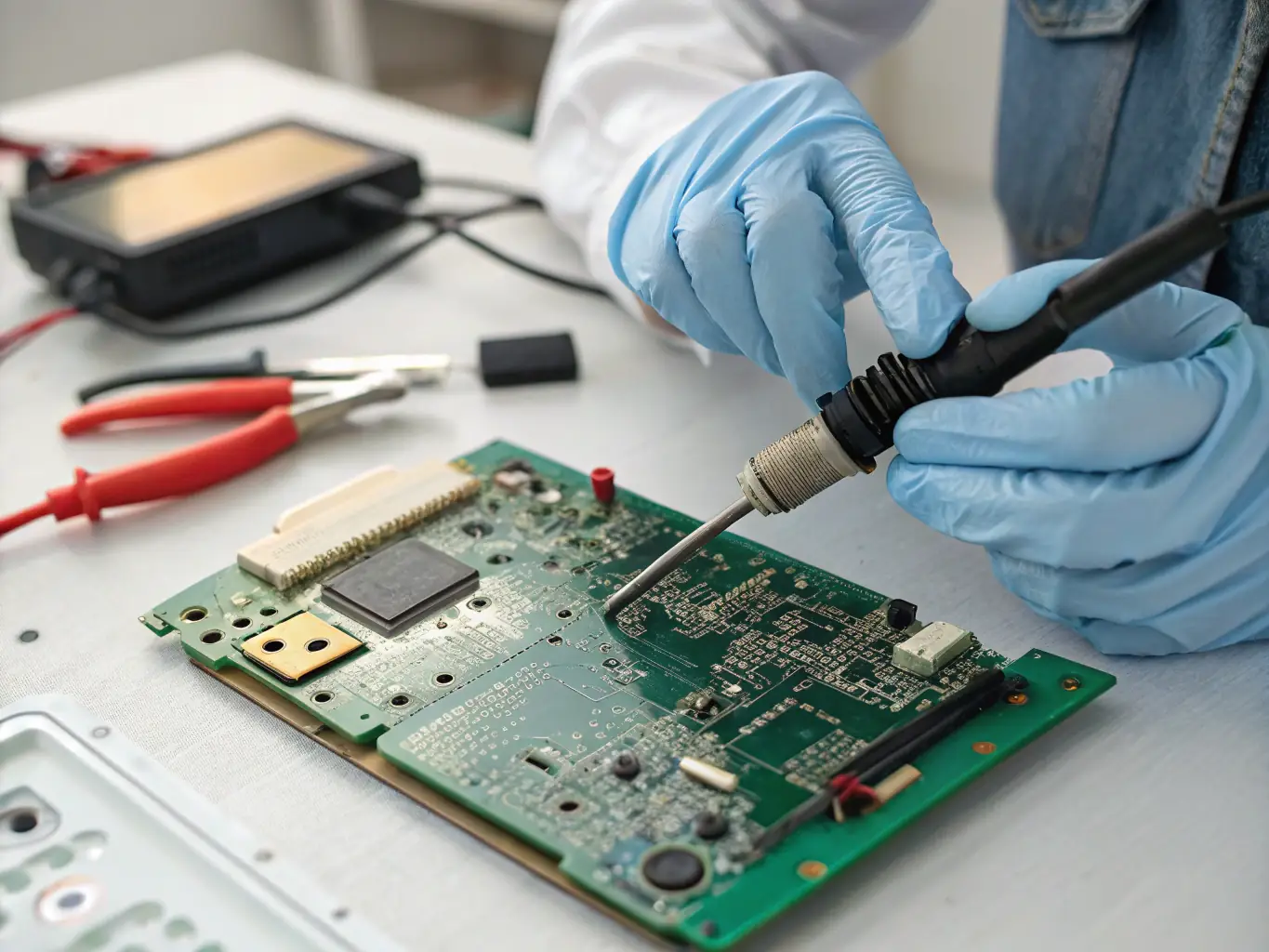 A technician repairing a circuit board of a phone system, showcasing the repair process.