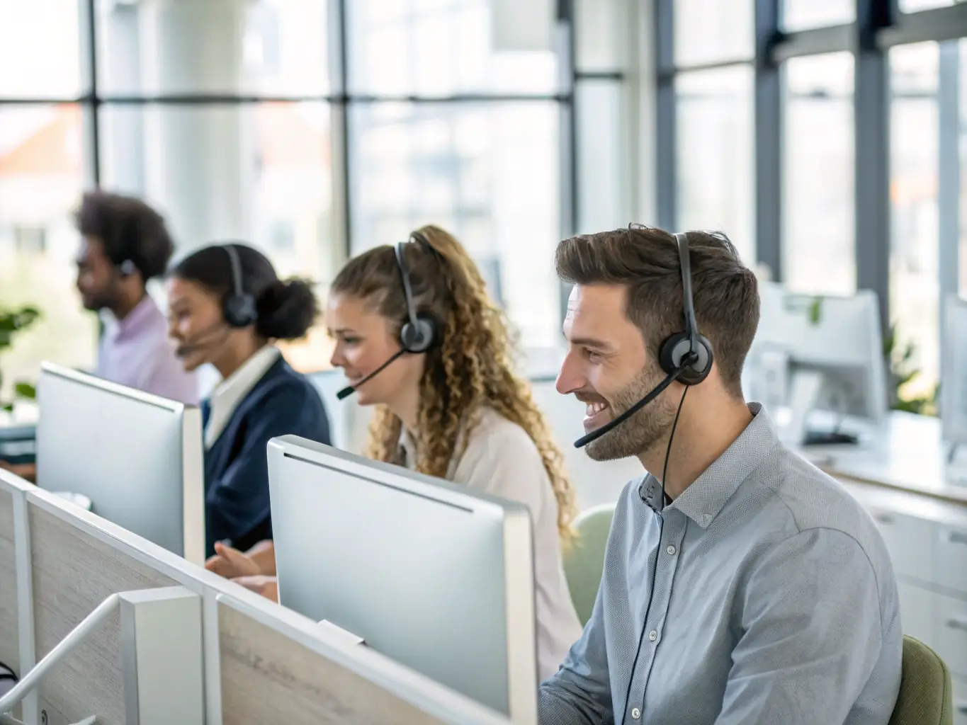 A professional call center environment with agents wearing headsets, focused on their screens, showcasing the accuracy of real-time transcription.