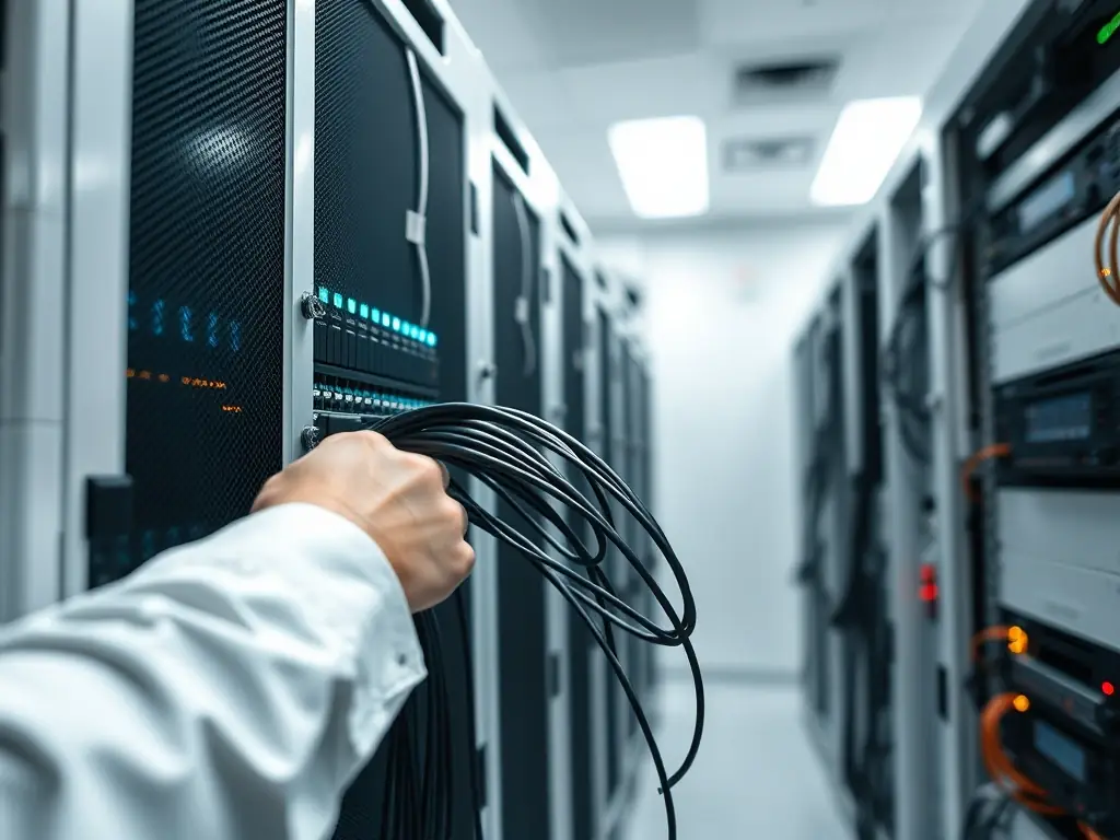 A medium shot of DataTel 360 technicians installing and terminating Cat6 cables in a server room, using professional tools and equipment, with neatly organized cable management systems in place.
