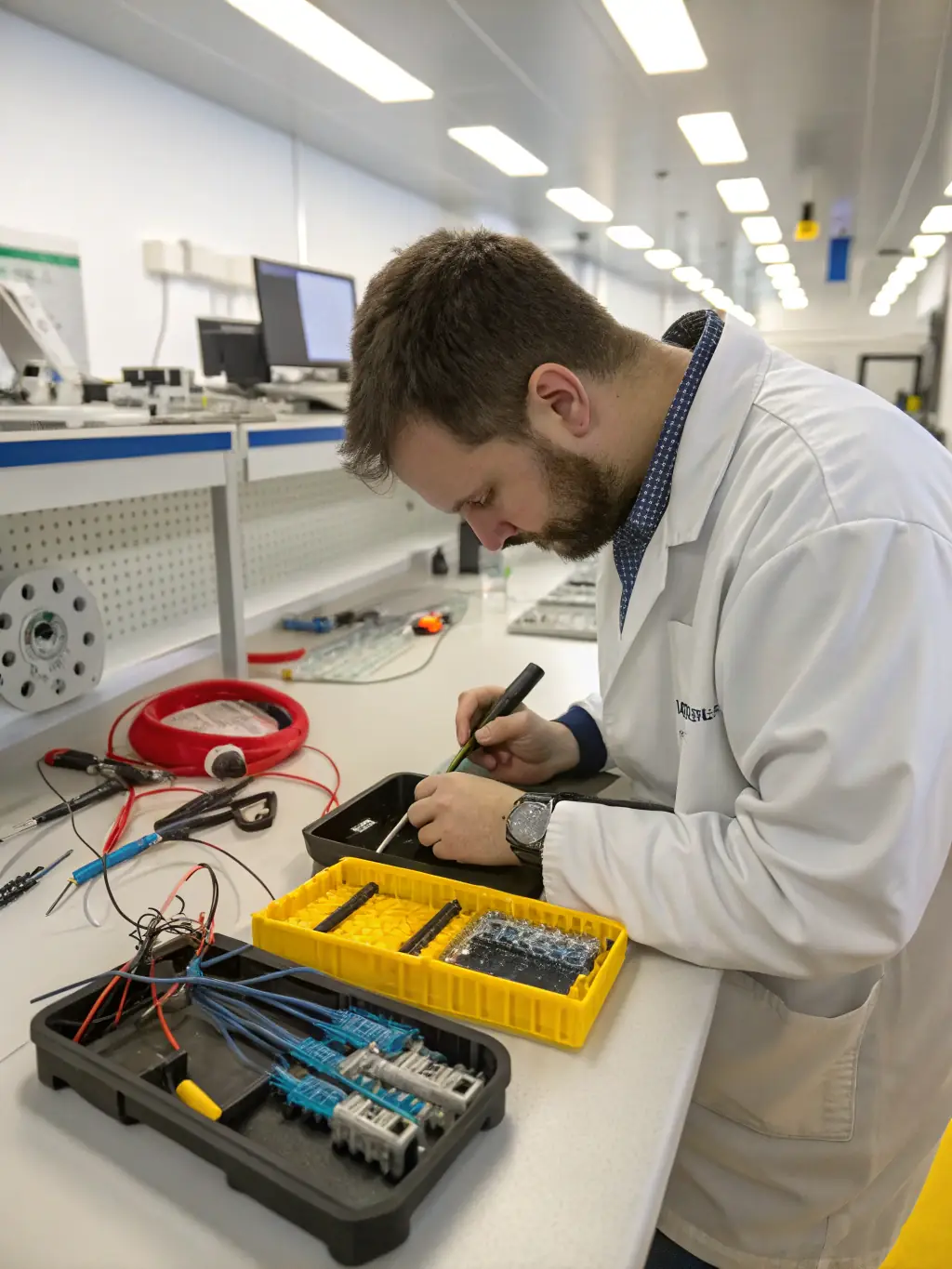 A technician using advanced testing equipment to analyze fiber optic cable performance, highlighting DataTel 360's commitment to quality assurance.
