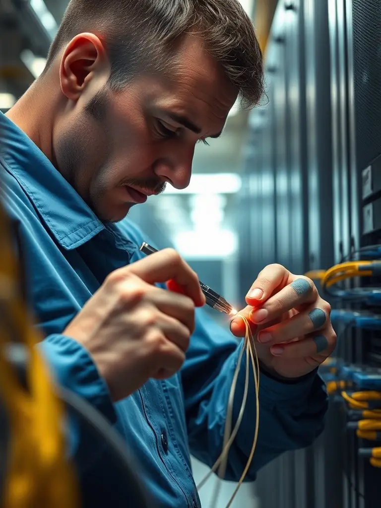 A technician meticulously splicing fiber optic cables using precision tools and equipment, ensuring a clean and reliable connection for high-speed data transmission.
