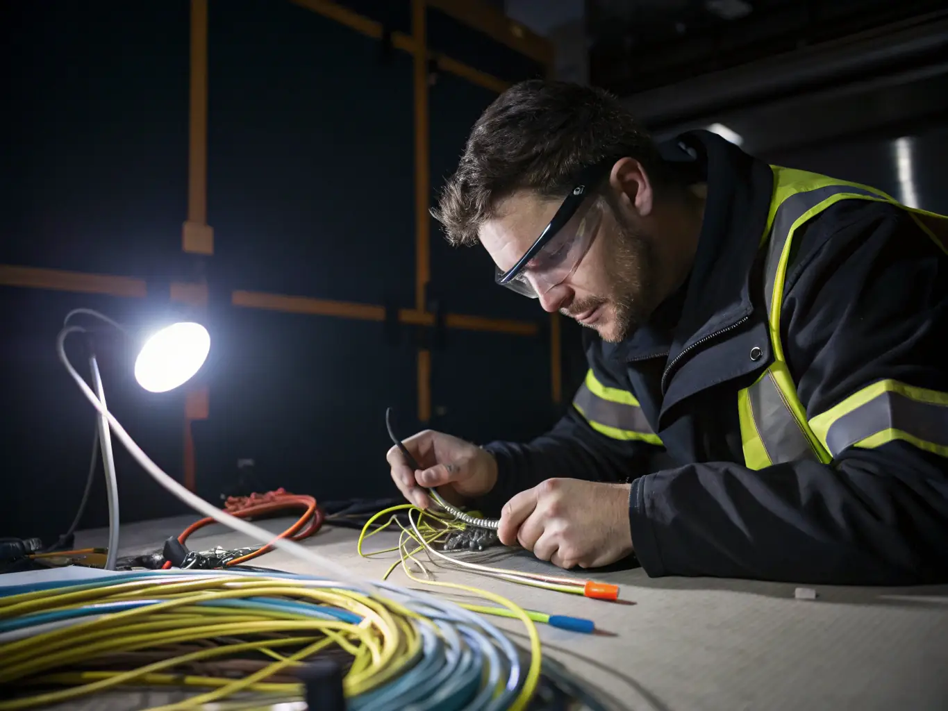 A technician splicing fiber optic cables with precision, highlighting the expertise in fiber optic installations. The image should convey technical skill and attention to detail.
