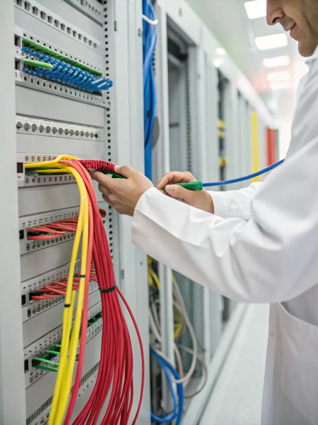 A close-up shot of a technician's hands carefully labeling a network cable with a professional labeling machine, ensuring clear identification and organization within a server room.