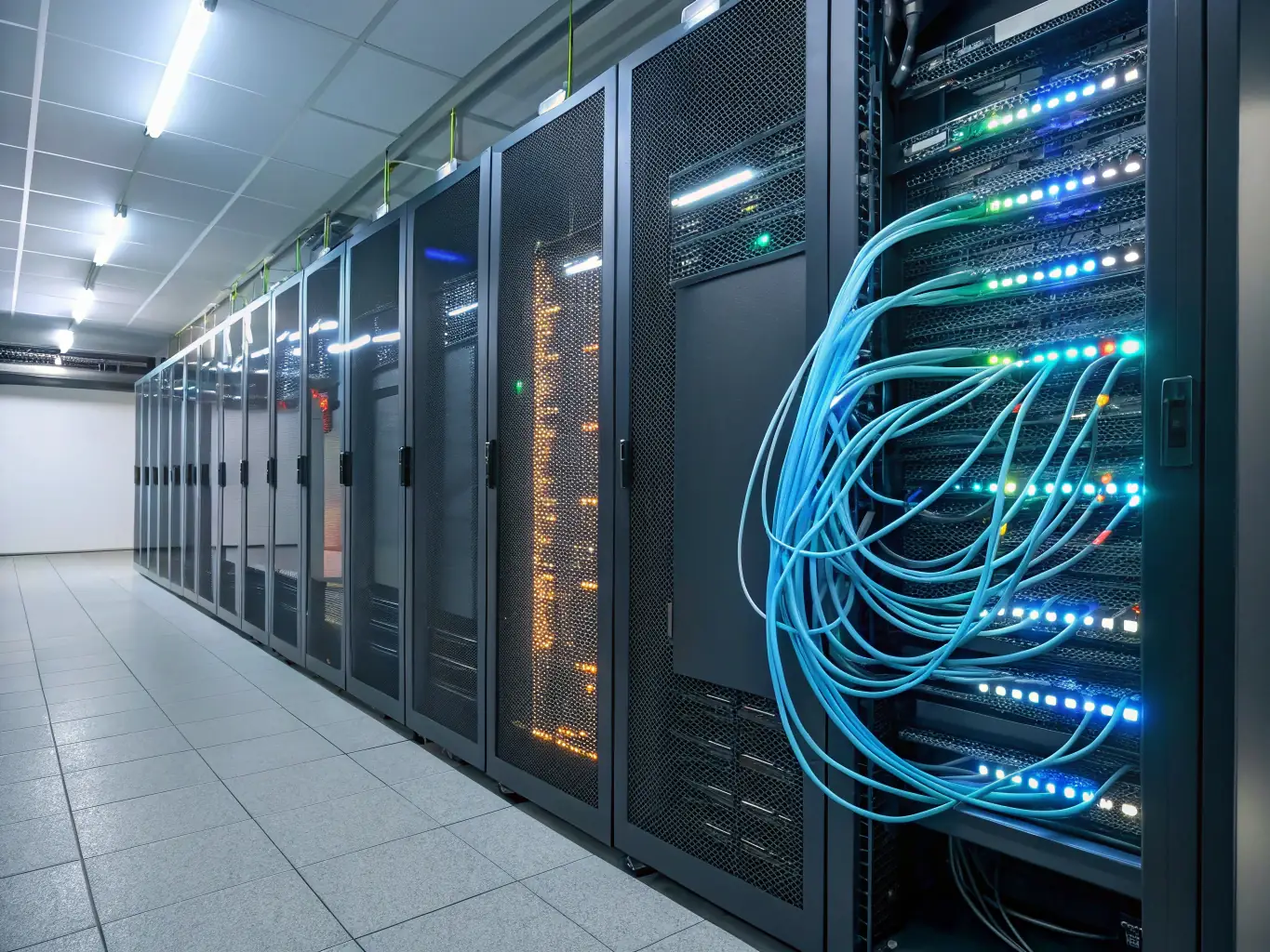 A large warehouse environment with structured cabling solutions, showing cables running along the ceiling and connecting to various devices.