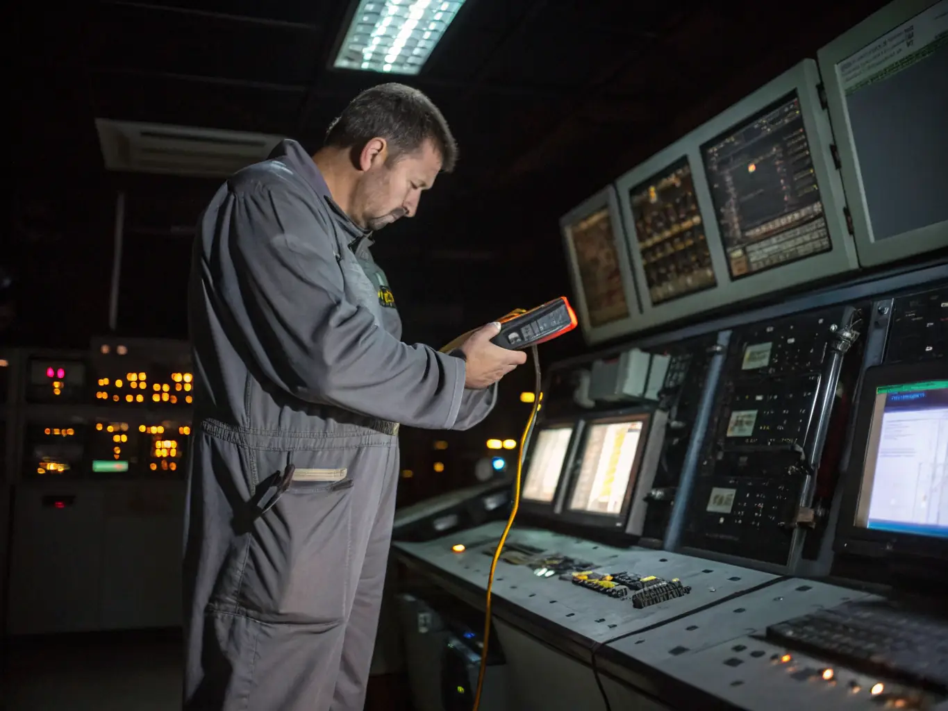 A technician using diagnostic tools on a complex phone system, highlighting the diagnostic process.