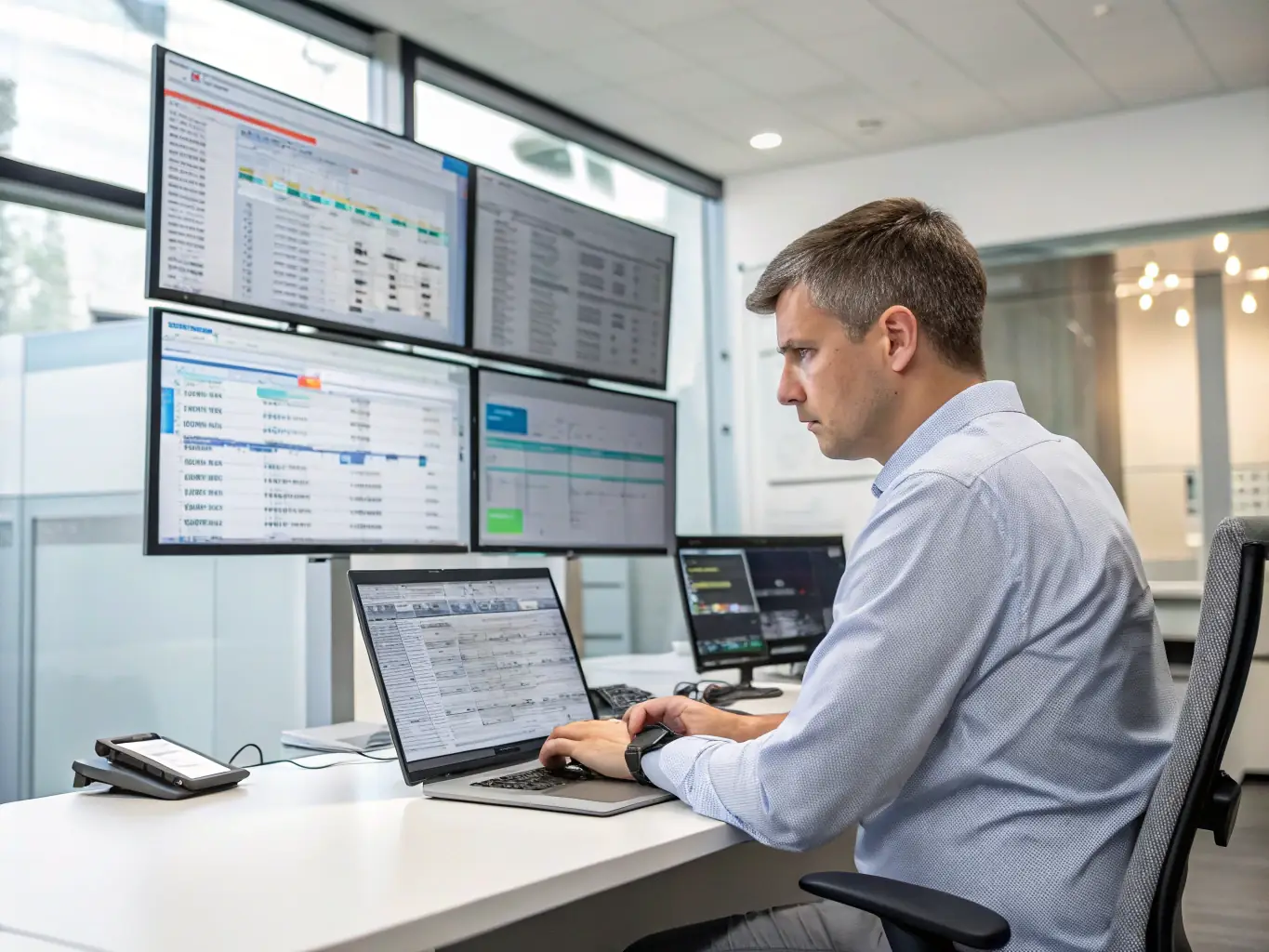 An image of a network administrator monitoring network performance on a dashboard, illustrating the low latency and high reliability of a fiber optic network.