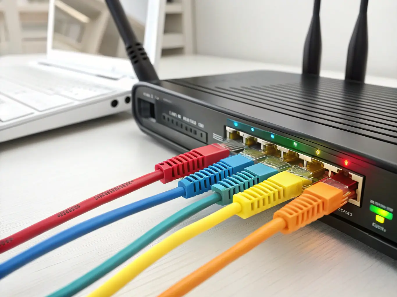 A network router with multiple cables connected, symbolizing internet connectivity, with a 4G/5G signal icon overlaid.