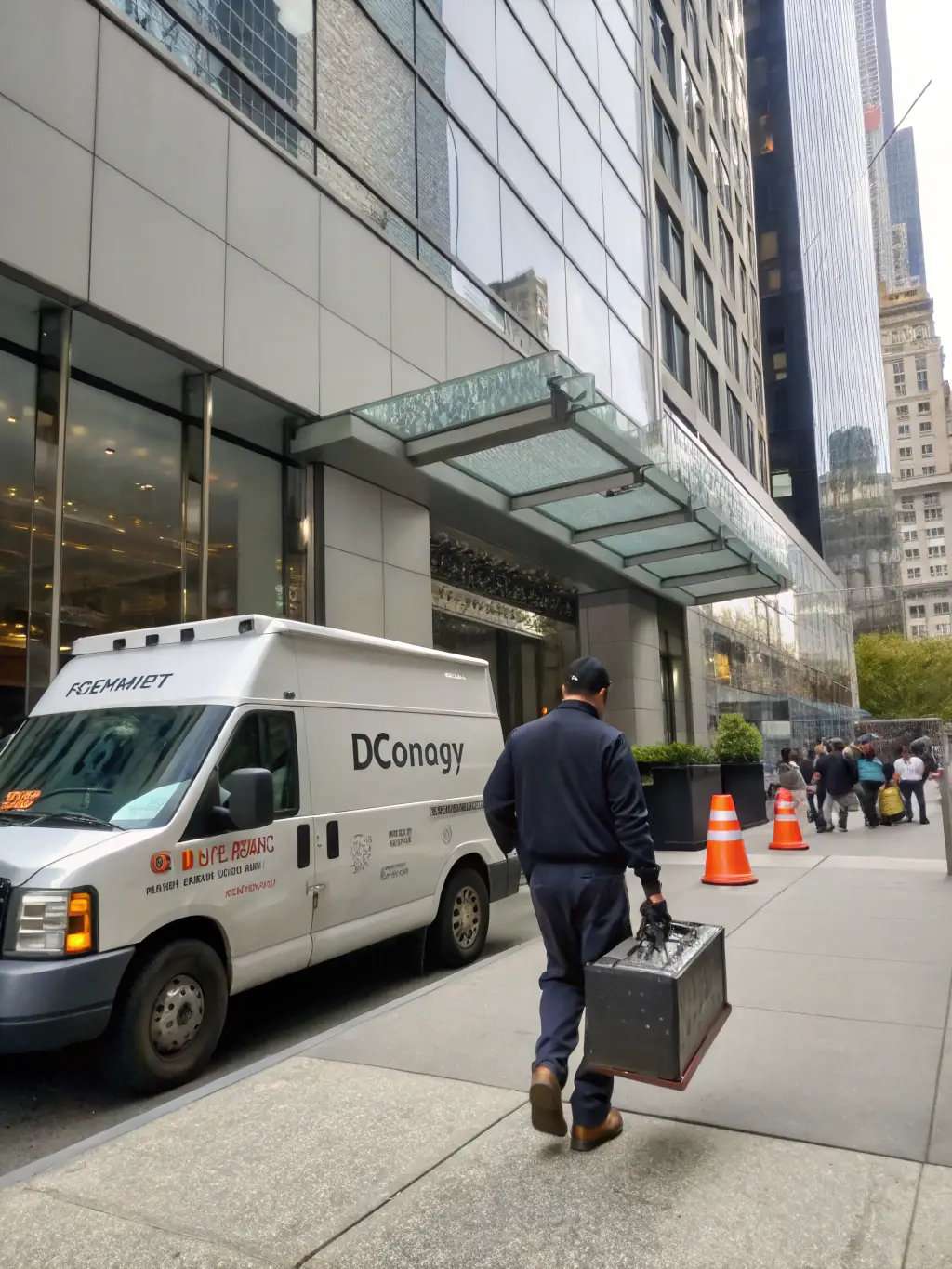 A DataTel 360 service van arriving at a client's office building, with technicians ready to provide on-site cabling services.
