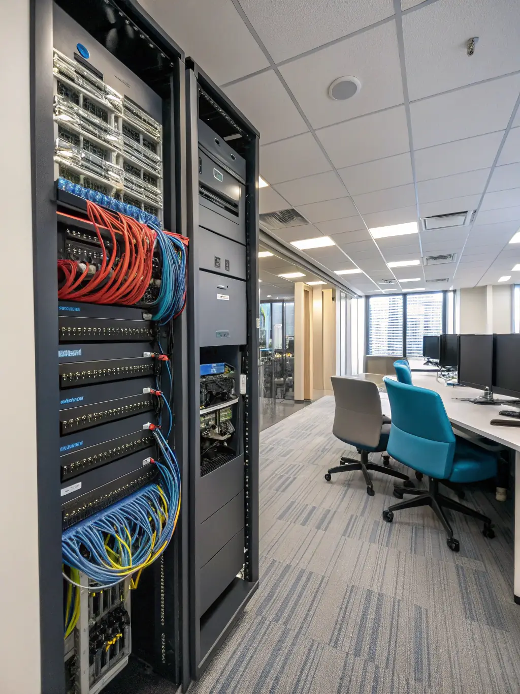 A wide shot of a newly installed fiber optic backbone in a commercial building, demonstrating DataTel 360's capability to handle large-scale installations.