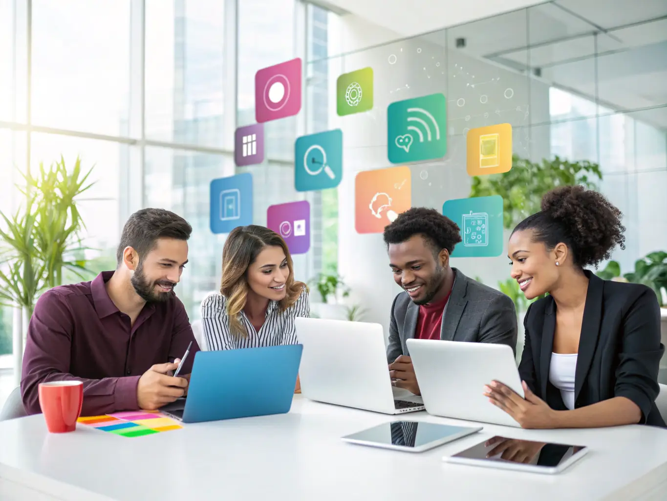 A modern office environment showcasing a relaxed and productive team, highlighting the cost savings and efficiency gained by implementing an AI receptionist.