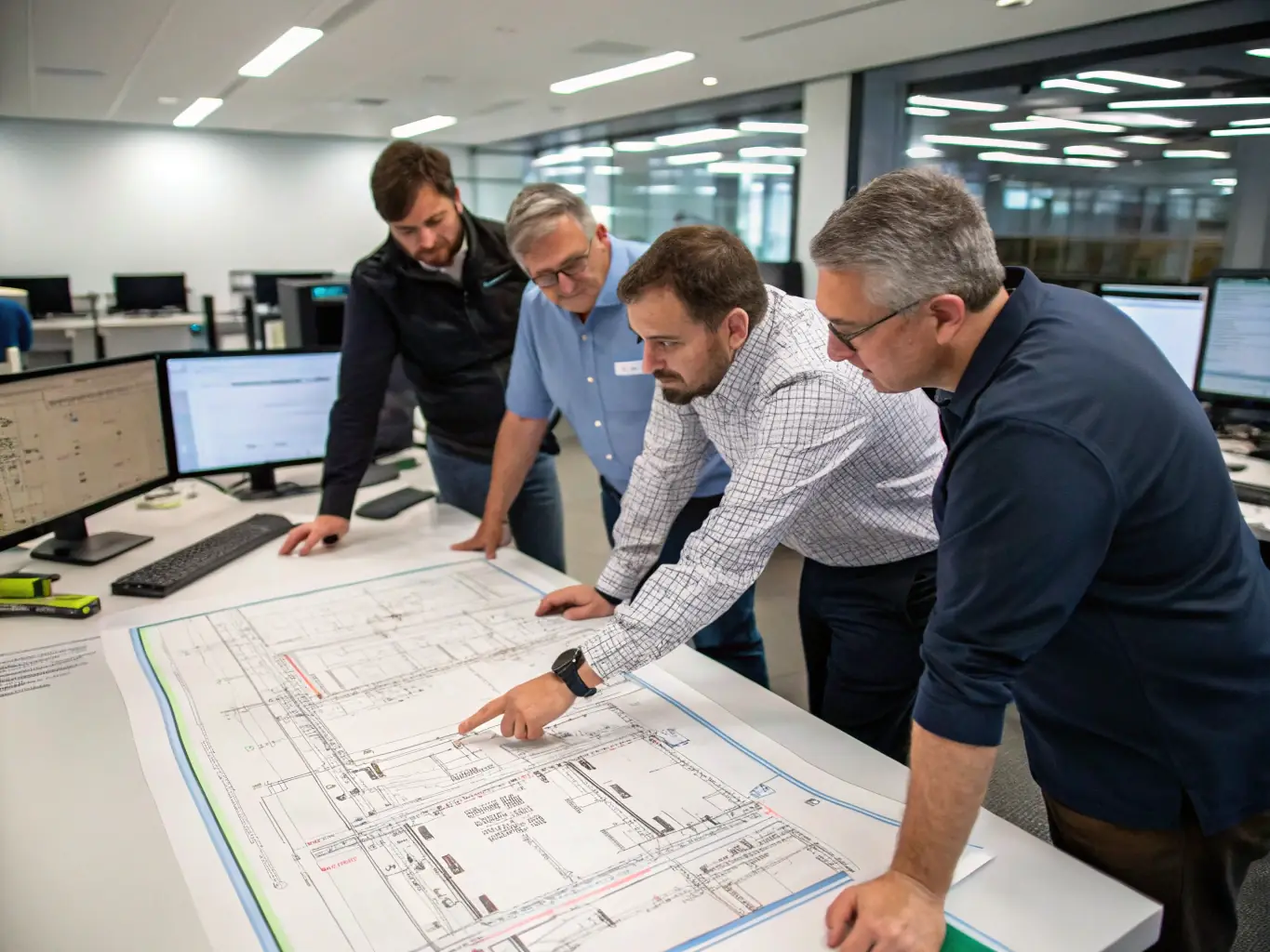 A close-up shot of DataTel 360 engineers working on a detailed network design schematic on a computer screen, showcasing cable pathways, equipment locations, and network configurations.